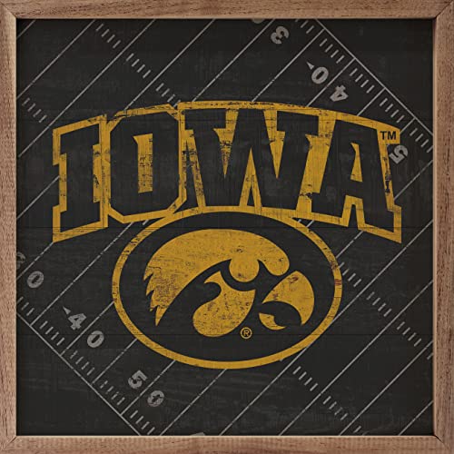 Kendrick Home + Stadium Iowa Hawkeyes Black Football Field Collegiate Framed Square Wood Sign With State And Team Logo (8x8) (16x16)