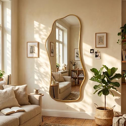 Image of Bathroom Mirrors for Over Sink-Horizontal or Vertical Hanging 47.2 inchx21.6 inch Gold Asymmetrical Wavy Aluminum Frame Decorative Full Body Mirror for Living Room,Bedroom,Cloakroom,Entryway
