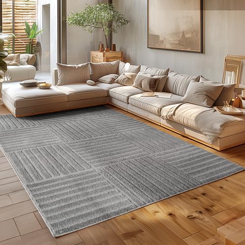 HomebyHome Alfombra Pasillera 60x110 cm Gris de Pelo Largo Estilo Escandinavo Boho Diseño Cuadros Efecto Relieve Suave Acolchada Resistente Fácil de Limpiar Moderna para Dormitorio, Pasillo