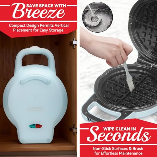 SugarWhisk 6\" Stuffed Waffle Maker Rotating, Flip Waffles Maker Machine with Removable Waffle Ring, Ceramic Coated Belgian Waffle Maker for Kids, Waflera Electrica, Waffle Iron, Pale Blue