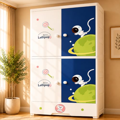 Image of Kids Plastic Wardrobe for Clothes Storage | Baby Cupboard & Almirah with Hanging Rod & Shelves | Portable Collapsible Storage Cabinet for Bedroom | Cartoon Kids Wardrobe