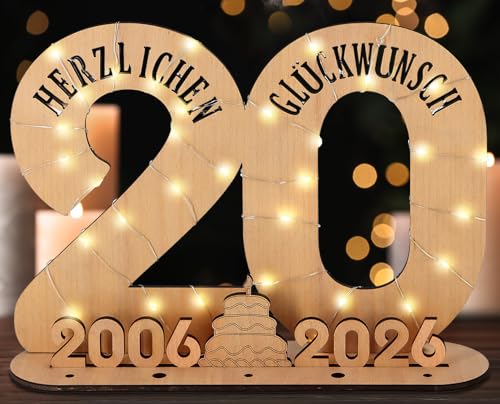 Giftota - 2026 Originelle 20 Geburtstag Geschenk Frauen & Männer - 20 Porzellanhochzeit - Geldgeschenke 20 mit LED Lichterkette Ständer - Holz-Schild Gästebuch - 20 Geburtstag Deko -Hochzeitsgeschenke