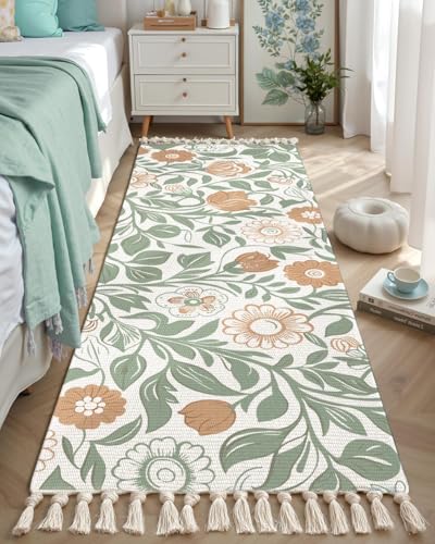 Image of Hand Woven 100% Natural Cotton Export Quality Designer Rug,Carpet, Bed Side Runner for Bedroom,Living Room, Size-2x5 feet or 60 cms x 152 cms (Green Long Leaves)