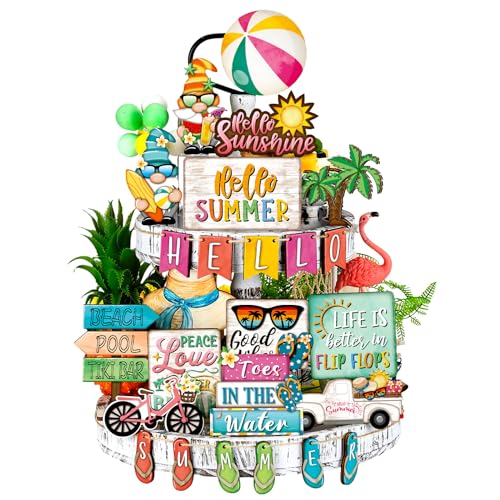 Yuntau 26 Pcs Summer Tiered Tray Decor Sets Farmhouse Summer Gnome Watermelon Strawberry Wood Sign Spring Hawaii Tiered Tray Decorations for Tabletop Home Shelf Kitchen Office(Gnome)