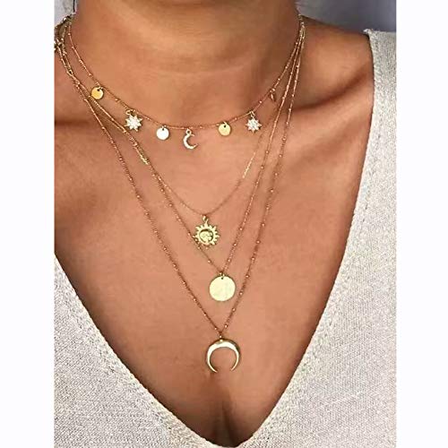 Artmiss Moon Multilayer Necklace Coin Layered Choker With Sun Star Sequins Gold Tassel Chain for Women and Teen Girls Bar Party