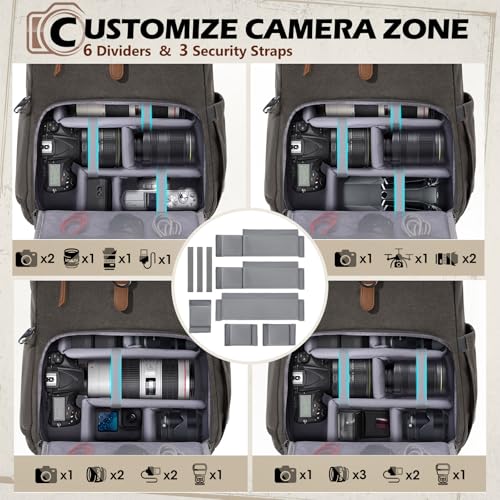 Image of RAINSMORE Camera Backpack, DSLR SLR Mirrorless Camera Bag for Photographer | 15.6 Inch Vintage Canvas Camera Case with Laptop Compartment & Tripod Holder & Rain Cover for Sony Canon Nikon Fujifilm Grey