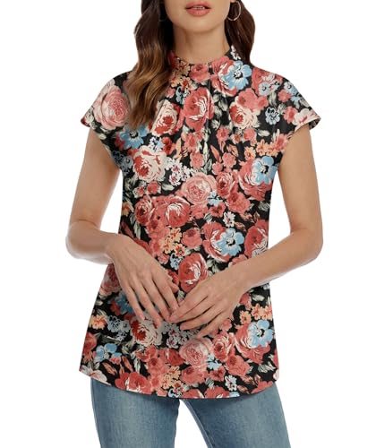 Image of Funlingo Womens Summer Tops Mock Neck Short Cap Sleeve Blouses Business Casual Work Chiffon Shirts Front Pleated Tunic Top
