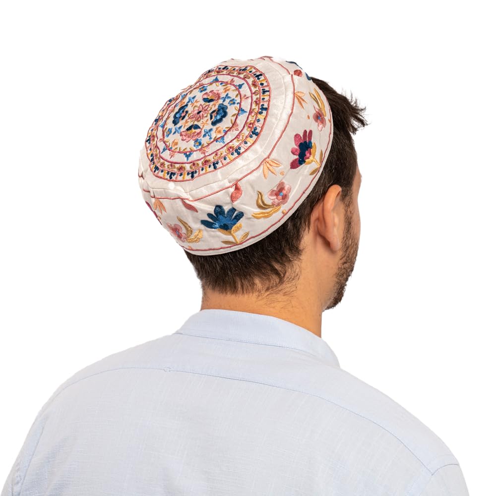 Kippah Bukharan Or Yemenite Bucharian & Yarmulke Hat Judaica Hand EMBROIDEREY HAT Flowers Oriental White (Bundle)
