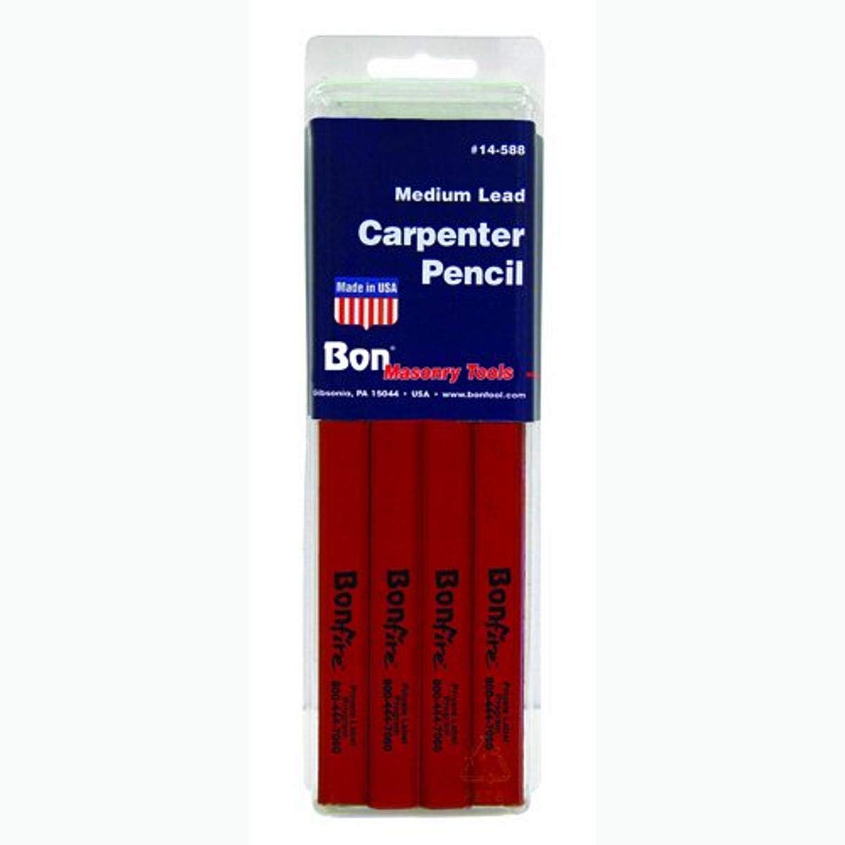Bon Carpenter Pencils Red Casing Hard Black Lead 7" Long Thick Flat Lead Construction Marking Pencils 12/PKG Clam Shell
