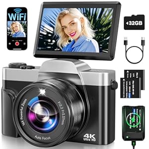Appareil Photo Numérique avec WiFi, 4K 64MP Autofocus Camera Vlog 16X Digital Zoom à Écran Rabattable à 180° Appareils Photo Compact avec Station de Charge, 2 Batteries, Carte 32 GB pour Débutants