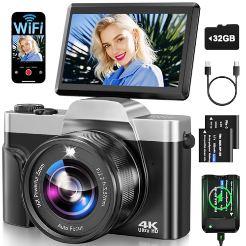 4K Digital Camera for Photography with WiFi 64MP Auto-Focus Vlogging Camera for YouTube Video 3” 180° Flip Screen 4K Cameras 16X Zoom Anti-Shake Compact Point and Shoot Cameras with SD Card