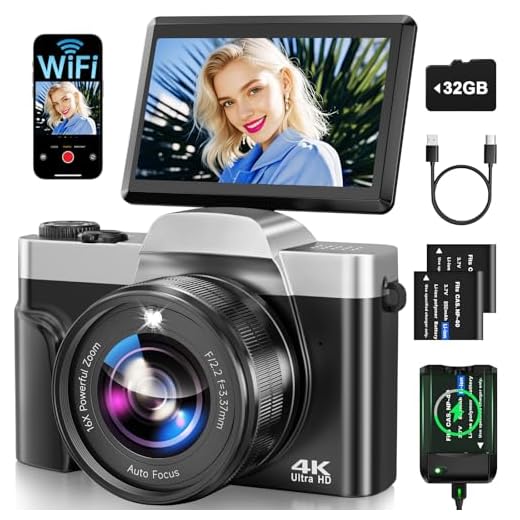 Macchina Fotografica Digitale con WiFi, 4K 64MP Autofocus Fotocamera Compatta, Digitale Camera con 16X Zoom 3" Flip 180° Videocamera con Scheda di Memoria Da 32GB per Principianti e Adolescenti