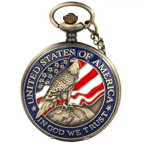 DerMacht Pocket Watch American Eagle Flag USA US Flag Patriotic with Chain Arabic Numerals Independence Day
