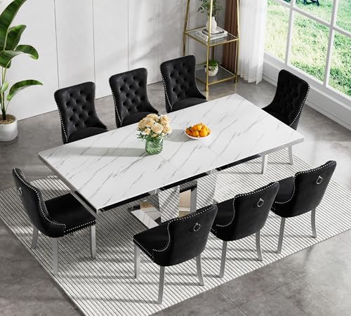 Image of 9-Piece Extendable Dining Table Set for 8, 63 inch-94 inch White Faux Marble Expandable Kitchen Table Set with 8 Black Velvet Chairs,Large Extendable Dining Room Tables with Mirrored Columnar Base