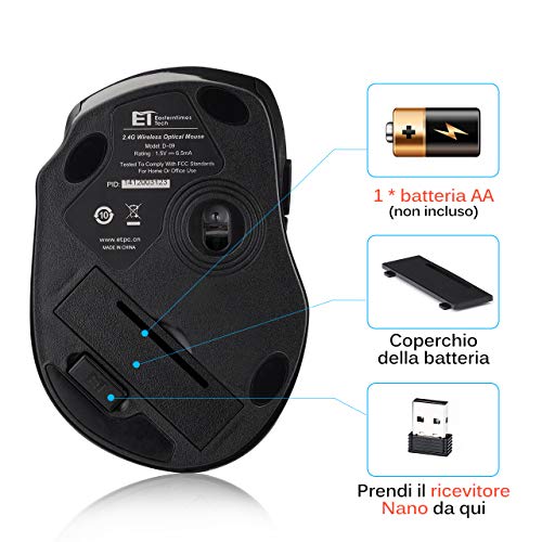 VicTsing Mouse Wireless 2400DPI, Mouse Senza Fili 2.4G con Ricevitore Nano, 24 Mesi di Batteria Durata, Compatibile con Windows 10/8/7/XP/Vista, per PC Mac, Nero