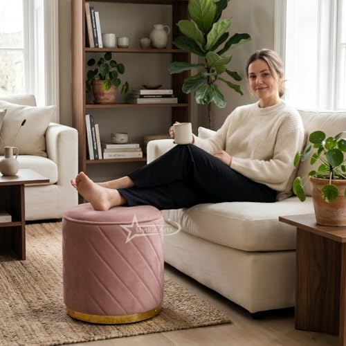 Image of Ottoman Stool, Puffy Stool, Sitting Stool, Modern Upholstered Round Ottoman, Dressing Table for Living-Pink