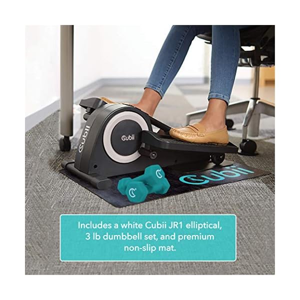 Cubii JR1, Under Desk Elliptical, Bundle w/Mat & Dumbbells, Bike Pedal Exerciser, Work from Home Fitness, Mini Elliptical Machine, Exerciser for Seniors, Desk Exercise, White…