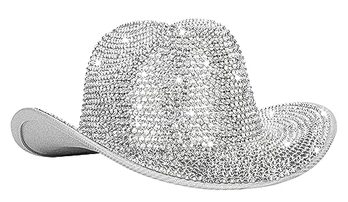 Womens Silver-Rhinestone-Western-Cowboy Hat with Diamond-Fringe Bling-Cowgirl Hat with Western-Wide for Cosplay Wedding Disco-Parties-Costumes