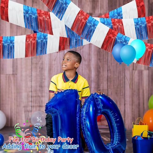 Image of 4 Packs Total 39 Feet 4th of July Parade Floats for Trailer Car, Red White Blue Foil Fringe Garland Patriotic Tinsel Streamers Banner Table Skirts for Graduation Homecoming Wedding Birthday Party