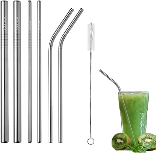 Stainless steel straws reusable 6 metal straws including 2 cleaning brushes, straight and curved for cocktails, smoothies, milkshakes, bubble tea and other beverages