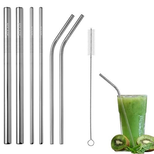 AZWOOD Stainless Steel Drinking Straws Set, Reusable 6 Metal Straws Including 2 Cleaning Brushes, Straight and Curved for Smoothies, Cocktails, Milkshakes, Bubble Tea and More
