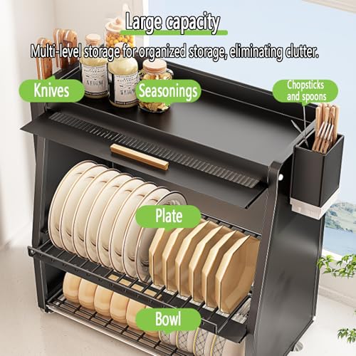Scolapiatti da dispensa a 3 Ripiani con Coperchio,Organizer da Piano Cucina Resistente antiruggine,Multifunzionale Scolapiatti salvaspazio,per Piatti, Bicchieri, Ciotole(Black) - immagine 4