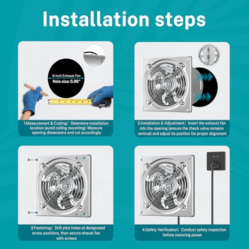 HG Power 6 Inch Exhaust Fan: Kitchen Exhaust Fans with Power Cord Attic vent Fan with Damper Wall Small Fume Extractor Ventilation Fan for Shop Chicken Coop Basement Smoking Room Garage Silver