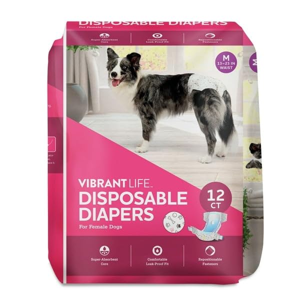 Disposable Dog Diapers for Female Dogs, M, 12 Count - The Inner Core is Super Absorbent and The Diaper Has Repositionable Fasteners, Super-Absorbent Core