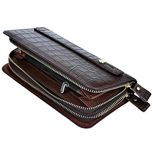 ELECTROPRIME1X(Baellerry Crocodile Pattern Long Wallet Double Zip Men, Brown P3S9)