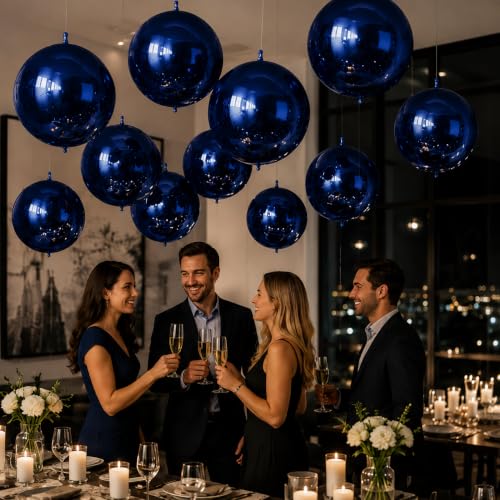 Image of 14 Pcs Navy Blue Round Foil Balloons 22 /15 /10 4D Ball Balloons Dark Blue Metallic Balloon Ornament Mylar Balloon Chrome for Birthday Graduation Wedding Anniversary New Year Disco Party Decor