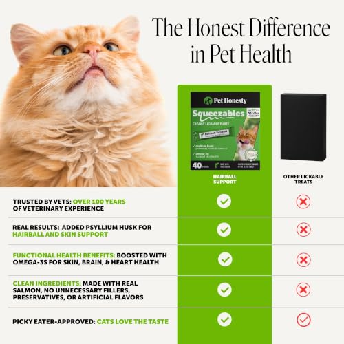 Image of Cat Hairball Remedy Lickable Treats - Squeezable Puree Pouches for Hairball Treatment, Furball Relief Control Supplement with Fiber and Fish Oil for Indoor Cats, Skin + Coat, Digestion (Salmon, 40 Ct)