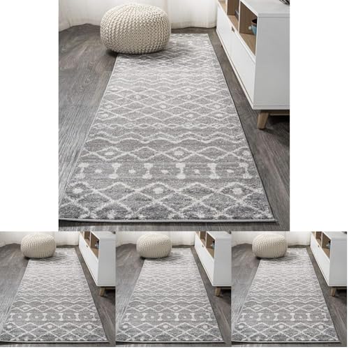 Image of JONATHAN Y MOH208C-28 Aksil Moroccan Beni Souk Indoor Farmhouse Area-Rug Bohemian Minimalistic Geometric Easy-Cleaning Bedroom Kitchen Living Room Non Shedding, 2 ft x 8 ft, Gray /Cream (Pack of 4)