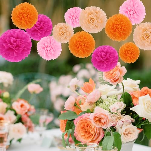 Image of BestoFun 16 PCS Hot Pink Orange Party Decorations Tissue Paper Flowers Pom Poms Decorations for Girl Groovy Birthday Baby Shower Wedding Bachelorette Room Wall Hanging Decor