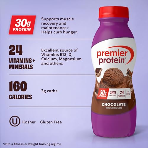 Premier Protein Shake, Chocolate, 30g Protein, No Added Sugar, 24 Vitamins &amp; Minerals to Support Immune Health, 11.5 fl oz, 12 Pack (Packaging May Vary)