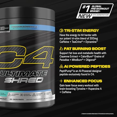 Image of Cellucor C4 Ultimate Shred Pre Workout Powder, Metabolism Supplement with Cayenne Extract+300mg Caffeine+TeaCrine+Dynamine - Frozen Bombsicle, 20 Servings