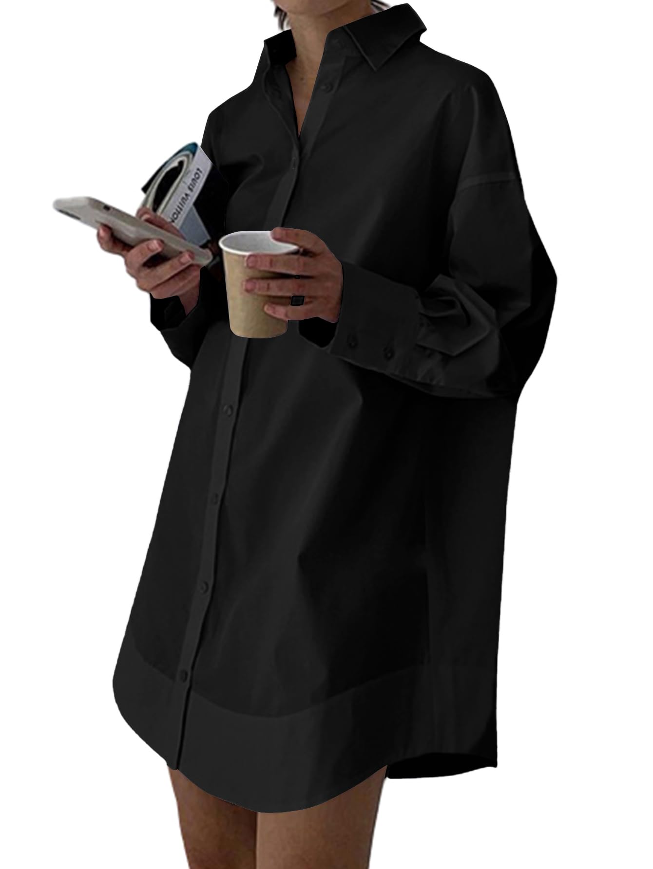 LYANER Women's Casual Shirt Dress Collar V Neck Button Down Loose Long Sleeve Mini Dresses