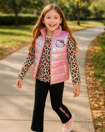 Image of Hello Kitty Girls Pants Set - 3 Piece Zip Up Vest, Long Sleeve Graphic Shirt, Fleece Pants - Matching Set for Girls (2T-12), Size 2T, Pink /Black /Leopard