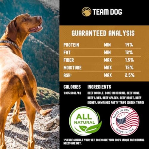 Image of Team Dog Raw Frozen Dog Food | 65% Beef Muscle, Organ Meats, Herring & Green Tripe for Dogs | All Natural Grain Free Dog Food for Optimal Health, Digestion & Coat | 16 x 1lb Rolls