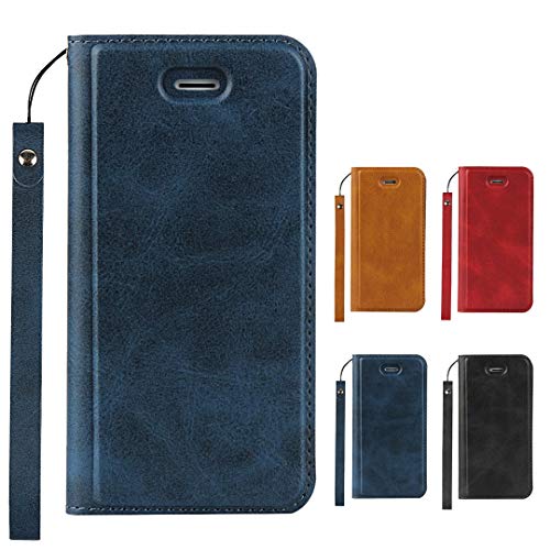 Elick iPhone 5 / iPhone 5S / iPhone SE 兼用 ケース カバー 超薄型 軽量 手帳型 ケース 高級PUレザー マグネット式 ストラップ付き カード収納 スタンド機能 アイフォン 5 5S SE スマホケース ネイビー