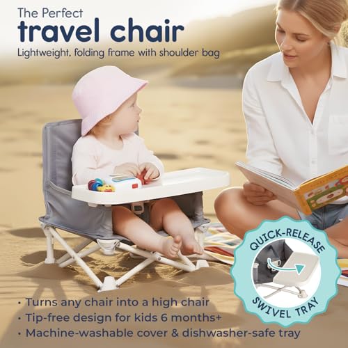 Image of Hiccapop OmniBoost Travel Booster Seat with Tray for Baby, Dining Table, Camping, Beach, Grandma's | Folding Portable Tip-Free Design Straps to Kitchen Chairs