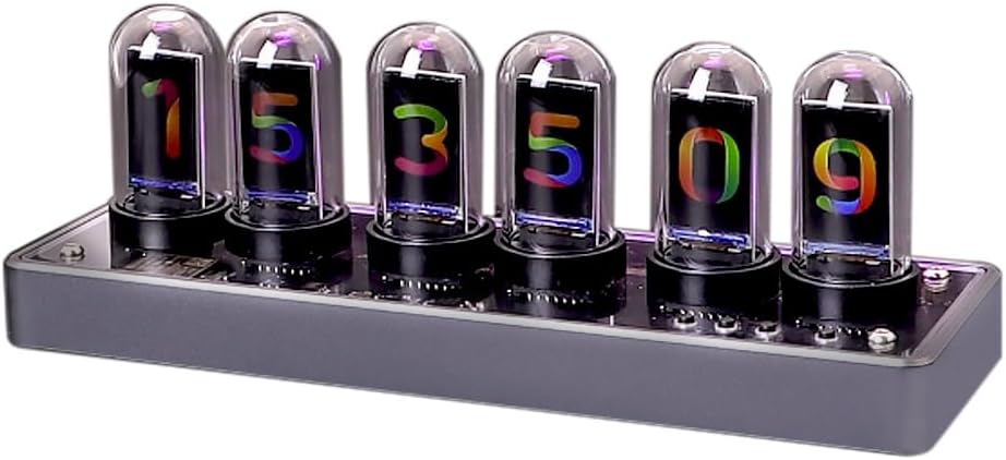 Nixie Tube RGB Desktop Clock with IPS Screen, WiFi Automatic Time Sync, 6 Alarms, Custom Image Upload, Metal Base – Retro Futuristic Gaming Desk Decor