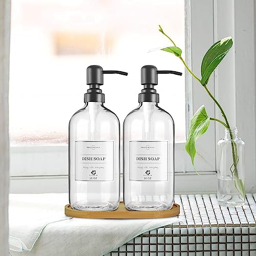 Duvein 2 Pack Clear Glass Soap Dispenser Refillable Bottles with Bamboo Tray for Kitchen Bathroom Soap Hand Soap Lotion Conditioner Body Wash Shampoo Waterproof Labels-Clear Bottles+ Black Pumps