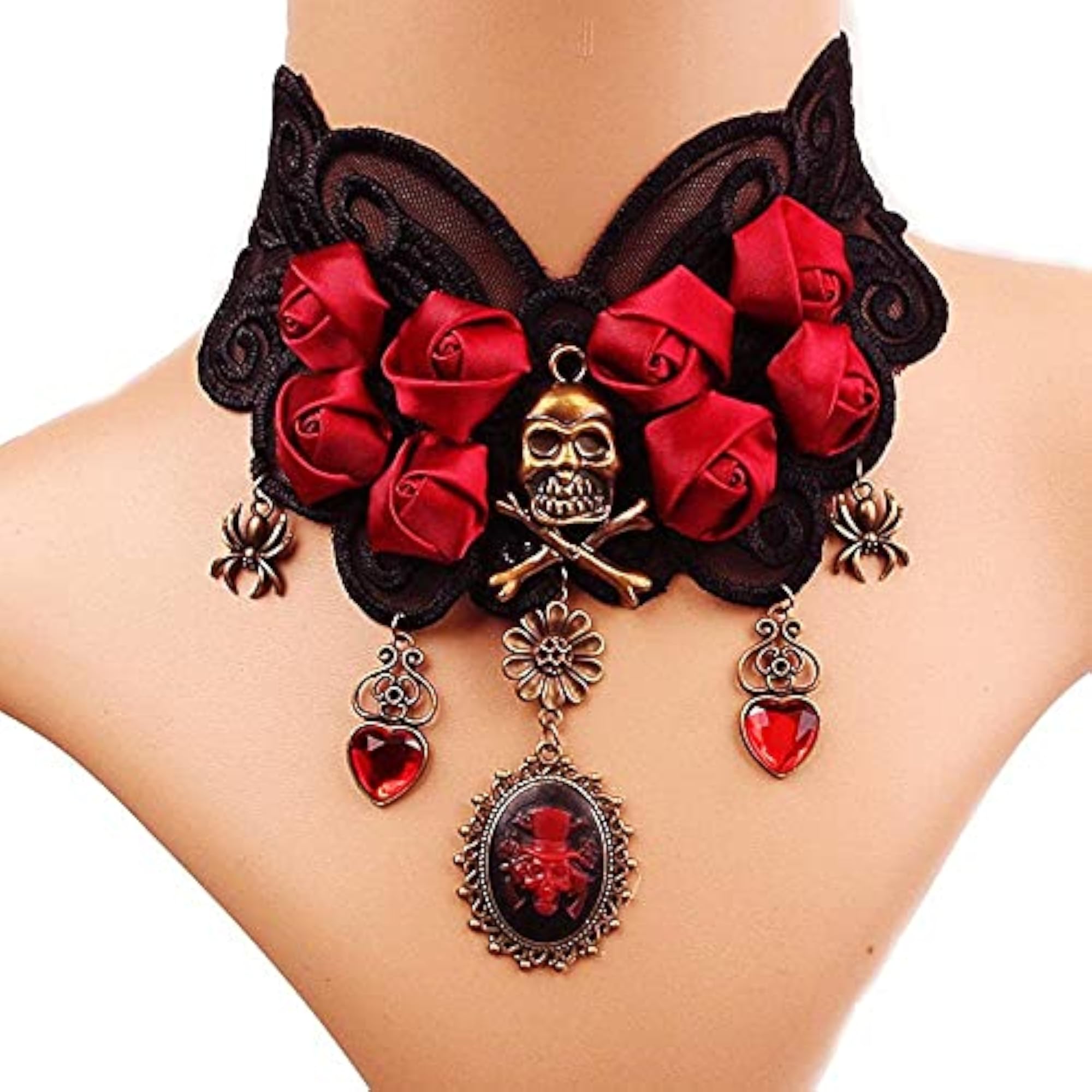 Vintage Gothic Skull Pendant Necklace with Red Flower