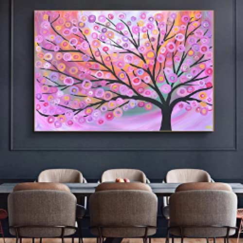 Arbre rose abstrait vintage : sublimez votre salon avec cette grande peinture sur toile 60x90cm