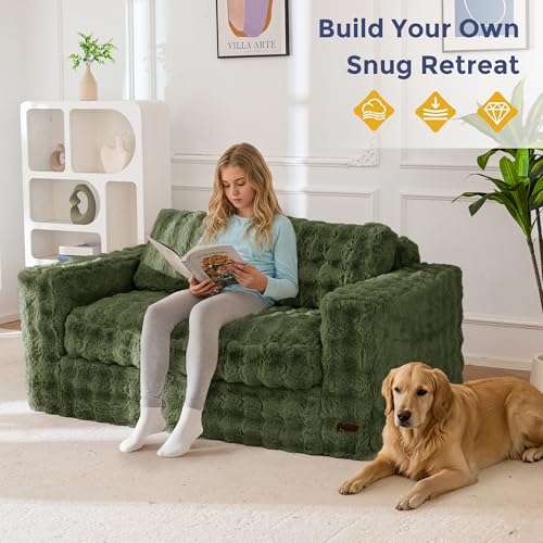 Image of MAXYOYO Loveseat Sofa for Living Room, Small Sofa Couch Tufted Boneless Couch, Comfy Bean Bag Chair for Small Space Bedroom Apartment, No Assembly Needed, Green