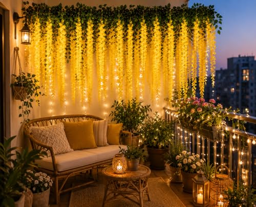 Image of Tia Crafts Polyester Artificial Hanging Flowers For Ceiling Balcony | Wisteria Vine | Home Party Decor Garden Outdoor Greenery Office Wall Decoration | Waterproof Washable - 3.7Ft /45 Inch (Yellow, 6)
