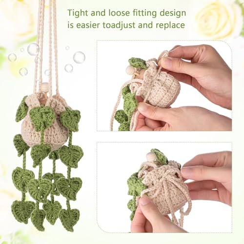 Image of DaisyInner Cute Crochet Plant Car Freshener 12ml Empty Refillable Diffuser Bottle with Plants Hanging Accessories for Ornaments Charms Rearview Mirror Home Office Decor Women Gifts(Leave)