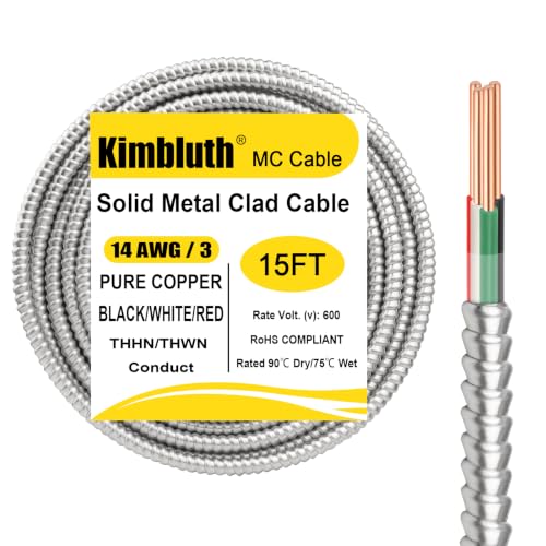 Image of 14 /3 Metal Clad (MC) Cable with Ground 15ft, 14 Gauge Electric Wire with Aluminum Armor, Solid Bare Copper Conductors for Indoor Outdoor Underground Embedded Installation (14 /3, 15 FT)