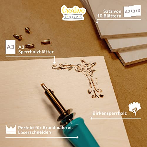 Creative Deco 10 x A3 Sperrholzplatte 4mm Birkensperrholz | 420 x 300 (+/- 2) mm | Dünne Holz-Zuschnitte | Perfektes Blatt für Laubsäge, Brandmalerei, Laserschnitt, CNC Router, Durchbrochenes