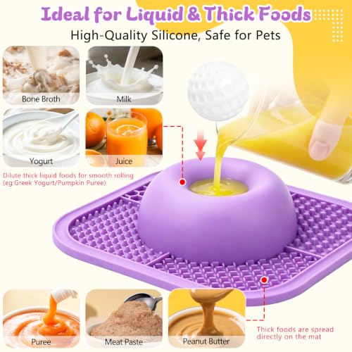 Image of Slow Feeder Dog Bowls & Lick Mat for Liquid and Thick Treat, Anti-Slip Dog Lick Bowl with Interactive Rolling Ball, 5 /6 Cup Pup Licking Toy for Large Medium Small Dogs and Cats-Large Purple